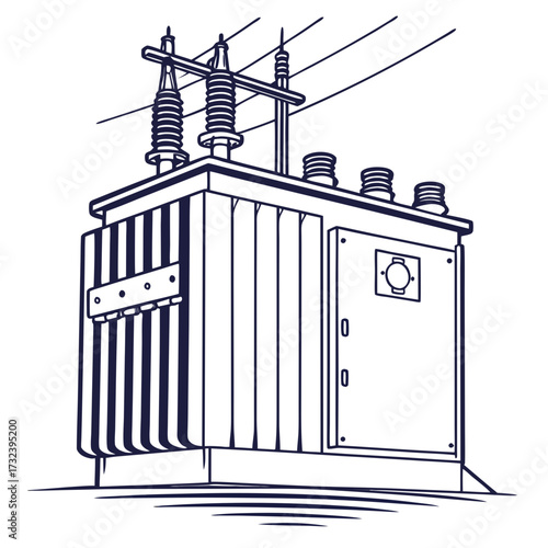 Detailed line art illustration of an electrical power transformer with insulators and overhead power lines against a white background