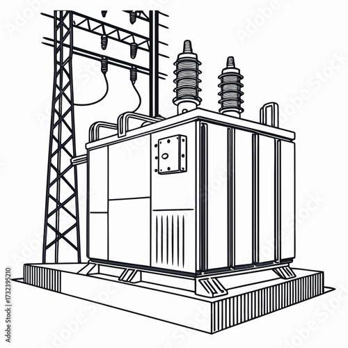 Detailed line drawing of a large electrical power transformer connected to a transmission tower and overhead power lines