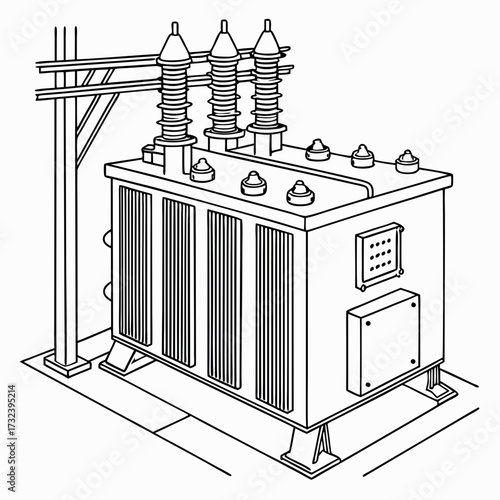 Detailed line drawing illustration of a large electrical power transformer with insulators and connecting wires on a pole
