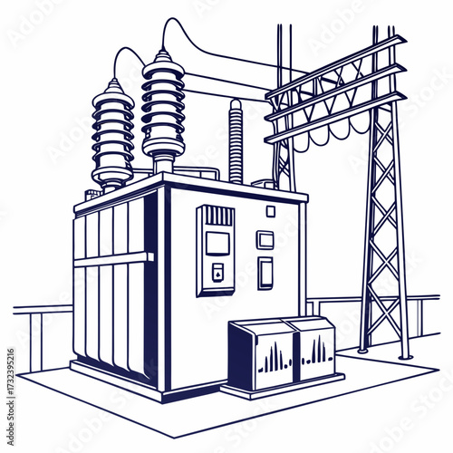 Detailed line drawing illustration of an electrical substation transformer with insulators and power lines against a white background