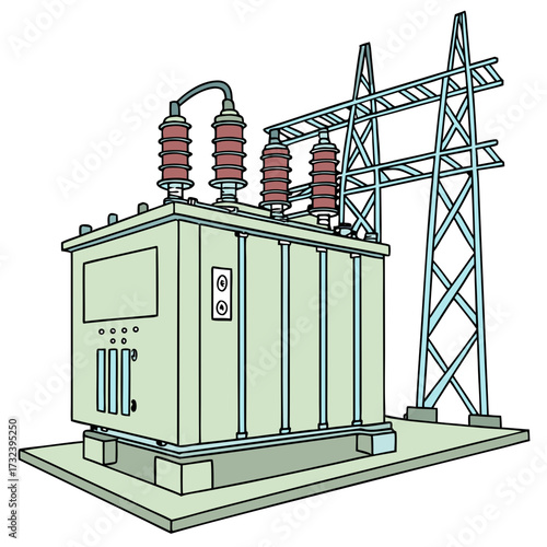 Illustration of a large electrical power transformer with insulators and a transmission tower in the background