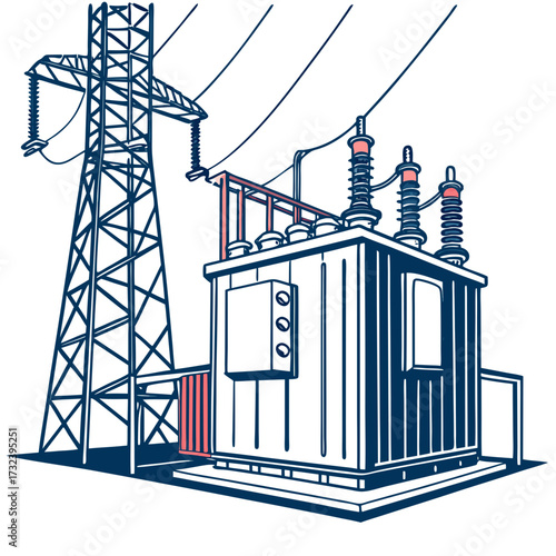 Illustration of a large electrical power transformer substation with a transmission tower and power lines against a white background
