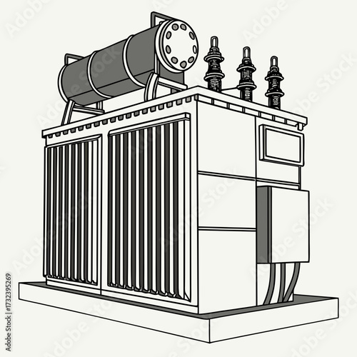 Illustration of a large electrical power transformer with a cylindrical oil tank and ceramic insulators on a concrete foundation