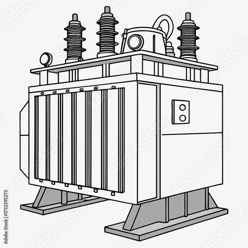 Illustration of a large electrical power transformer with insulators and cooling fins on a white background