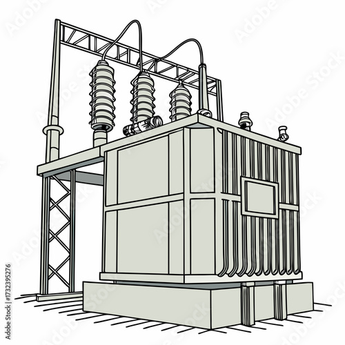 Illustration of a large electrical power transformer with insulators and connecting wires on a white background