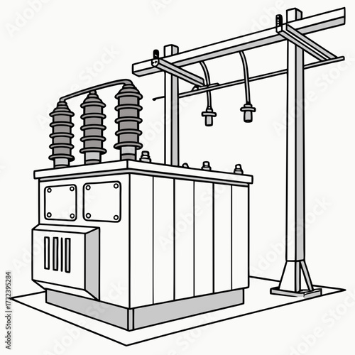 Illustration of a large electrical power transformer with insulators and power lines on a white background