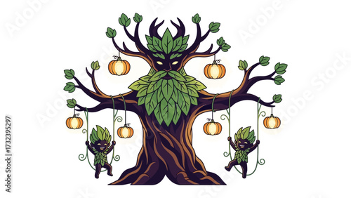 Mystical Tree Illustration: A fantastical illustration of a majestic tree with a face and whimsical entities swing playfully from the tree branches.