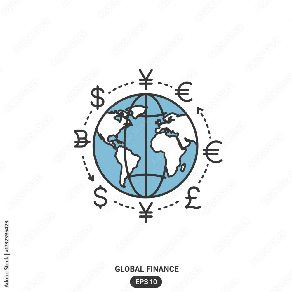 Obraz premium Global Finance Vector Illustration with World Globe and Currency Symbols in Modern Simple Style