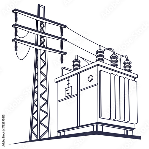 Illustration of an electrical transformer and power pole with transmission lines against a white background