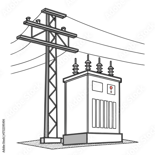 Illustration of an electrical transformer box connected to a power line pole with multiple wires running overhead