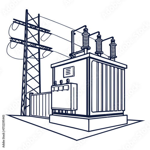 Industrial electrical power transformer and high voltage transmission tower with power lines in a clean line art illustration