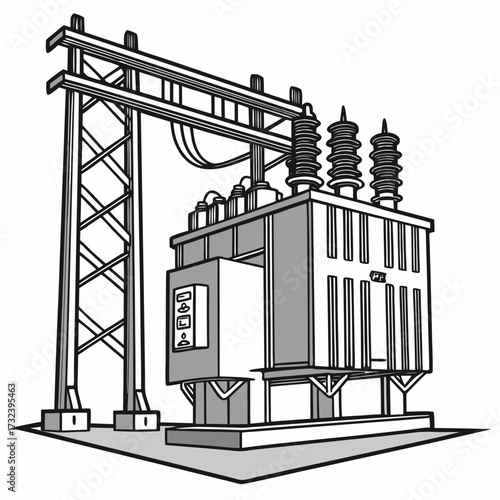Industrial electrical power transformer and transmission tower with insulators and wires on a white background