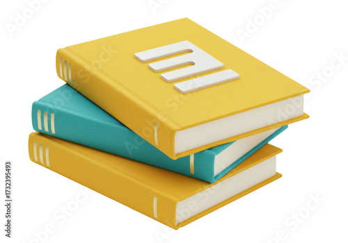 Stack of three books isolated, yellow and blue books with white pages, educational resource for learning and knowledge