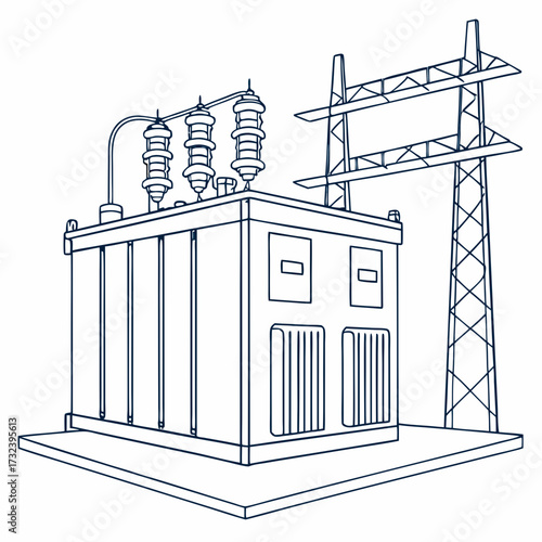 Line art illustration of an electrical substation transformer with insulators and a power transmission tower in the background