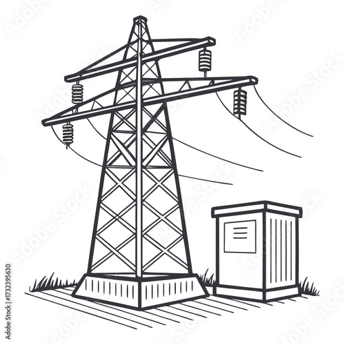 Monochromatic sketch of a tall electricity pylon with power lines and a small electrical box on the ground