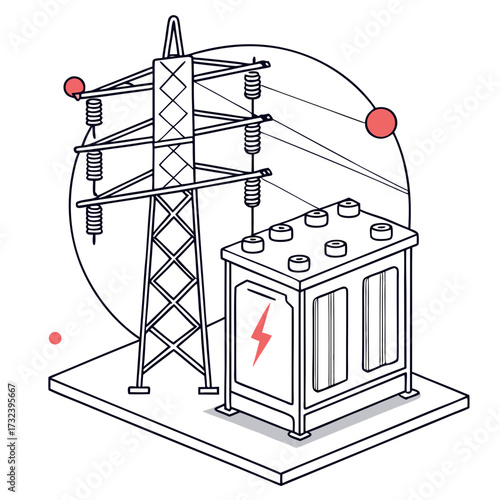 Modern isometric illustration of an electrical substation with a power line tower and transformer box