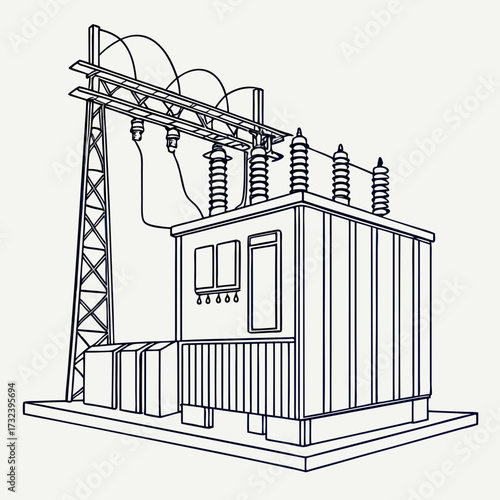 Outline illustration of an electrical substation transformer with insulators and transmission tower on a white background