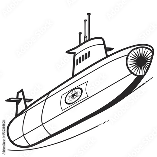 Stylized black and white illustration of a modern submarine with a distinctive wheel design on its hull
