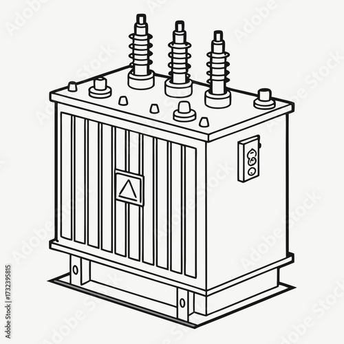 Simple line drawing illustration of an electrical transformer with three ceramic insulators on top and a warning symbol