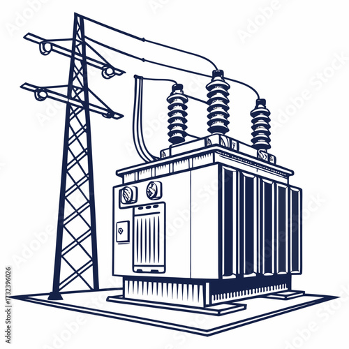 Stylized illustration of a large electrical power transformer connected to a transmission tower and overhead power lines