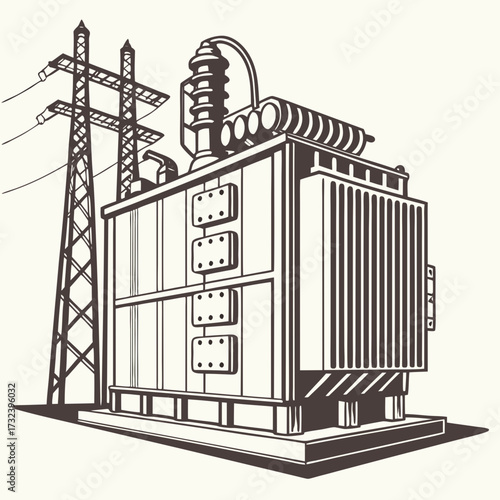 Stylized illustration of a large electrical power transformer with cooling fins next to a transmission tower and power lines