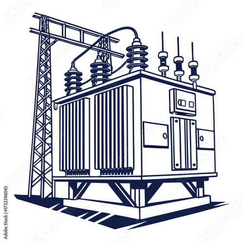 Stylized illustration of a large electrical power transformer with insulators and overhead power lines connected to a transmission tower