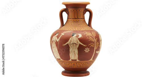 Ancient Greek amphora vase isolated, terracotta pottery with painted figures and geometric patterns, historical artifact for museum display