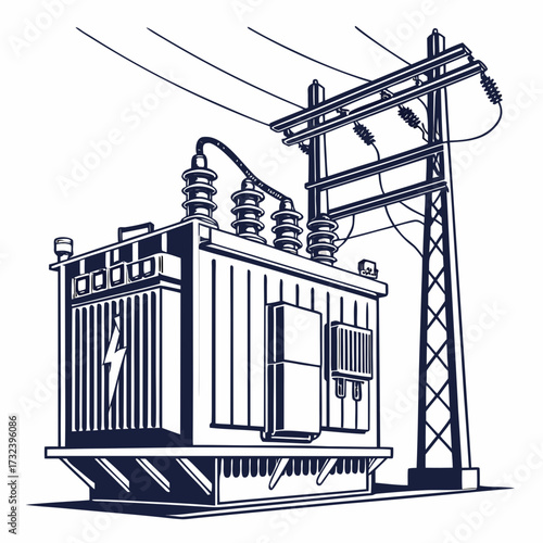 Stylized illustration of a large electrical transformer unit connected to a utility pole and overhead power lines