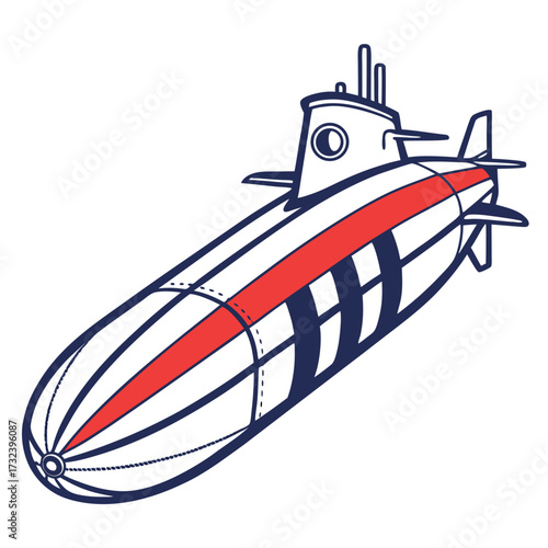 Stylized illustration of a modern submarine with navy blue and red accents on a white background