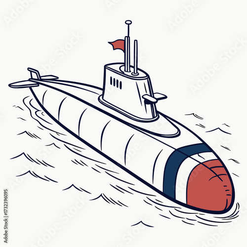 Stylized illustration of a modern submarine with a red flag sailing through gentle ocean waves on a white background