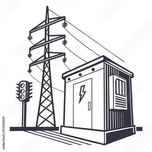 Stylized illustration of an electrical substation with a power line tower and traffic signal in a graphic design style