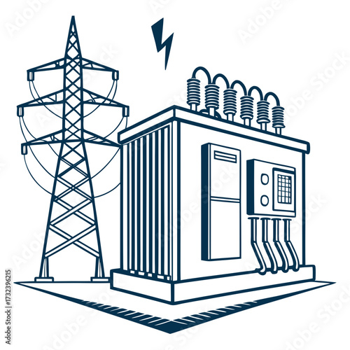 Stylized illustration of an electrical substation with a power line tower and transformer unit on a white background