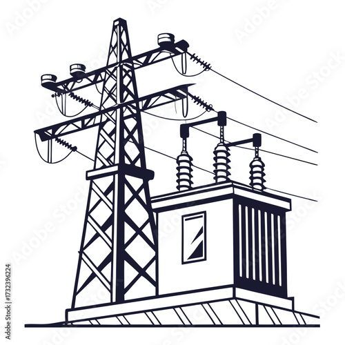 Stylized illustration of an electrical substation with a transmission tower and transformer on a white background