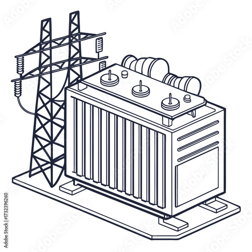 Stylized isometric line art illustration of a large electrical power transformer connected to a transmission tower