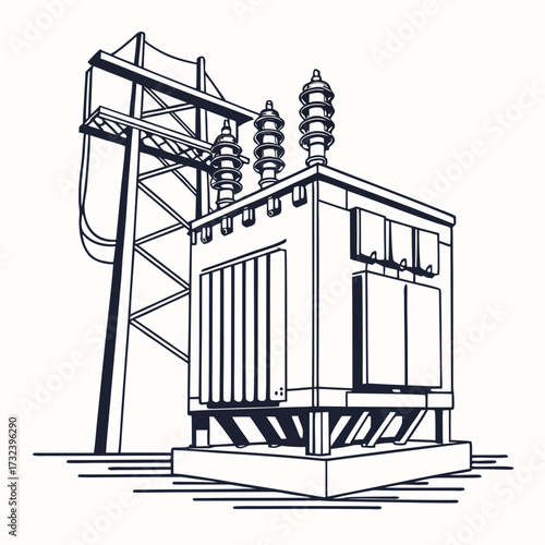 Stylized line art illustration of a large electrical power transformer with insulators and a support tower