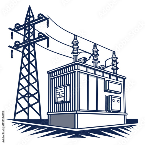 Stylized illustration of an electrical transformer substation with a transmission tower and power lines against a white background