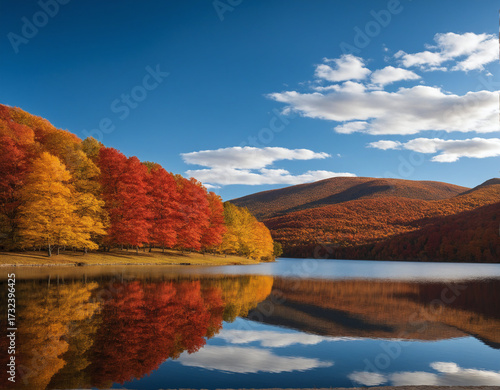 Autumn trees, lake reflection, mountains, colorful forest, blue sky, nature landscape