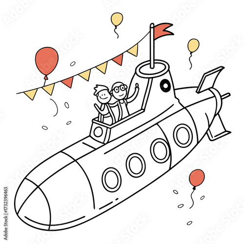 Two happy cartoon children waving from inside a submarine decorated with balloons and festive bunting flags