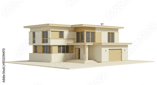 Modern two-story house isolated on transparent background, contemporary home with garage and flat roof for architecture and real estate