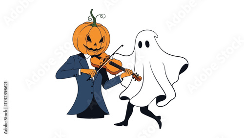 A Spooky Serenade: A whimsical illustration of a Halloween-themed ensemble, with a pumpkin-headed figure playing the violin, entertaining a playful ghost in a festive performance.