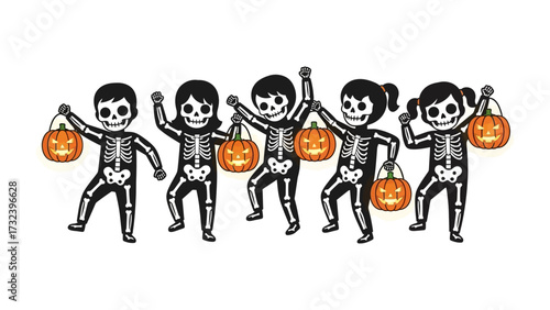 Spooky Halloween Crew: Adorable children dressed in playful skeleton costumes and carrying Jack-o'-lanterns. A light-hearted scene perfect for Halloween events.