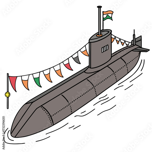 A cartoon illustration of a grey submarine decorated with colorful bunting and flying the indian flag on the water