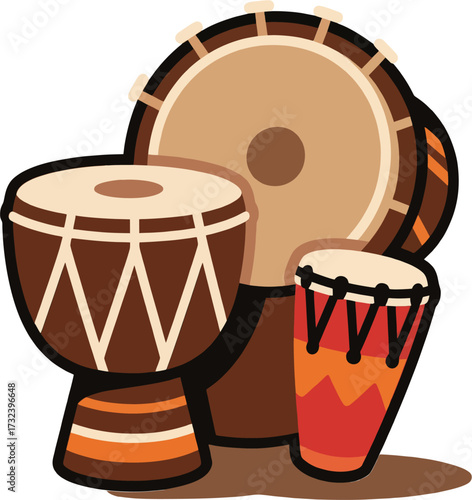 Traditional African Djembe, Talking Drum and Conga Drum Set, Vibrant Flat Vector Percussion Instruments