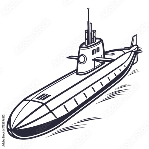 Stylized black and white illustration of a modern military submarine sailing on the surface of the water