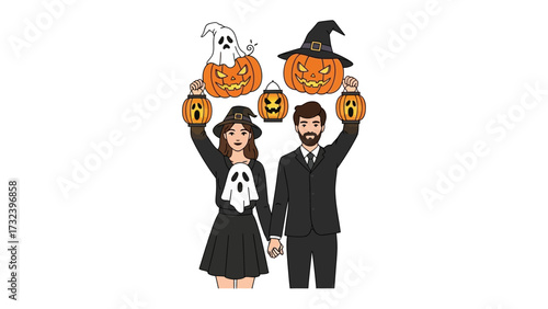 Halloween Couple's Delight: A spirited duo embraces the spooky season, holding aloft whimsical pumpkin lanterns and celebrating Halloween spirit, filled with creative holiday symbols.