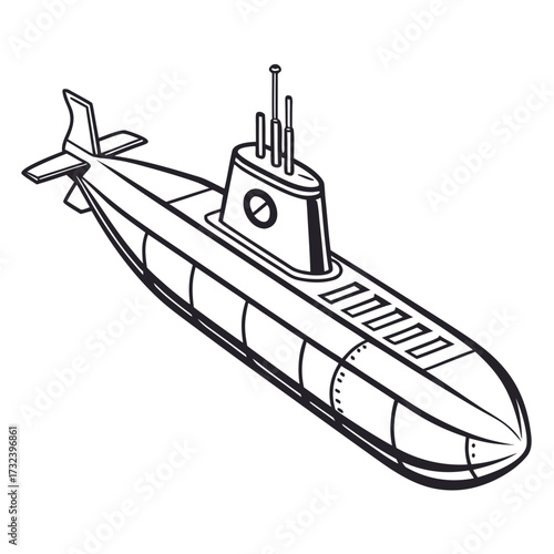 Stylized black and white illustration of a modern military submarine with antennas and a periscope on a white background