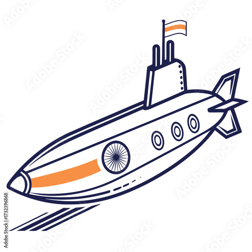 Stylized cartoon submarine with orange accents and a flag on top sailing through blue lines representing water