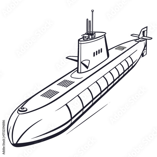 Stylized black and white illustration of a modern military submarine sailing on the water surface