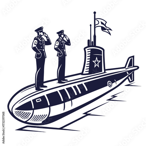 Two uniformed military officers salute while standing on the deck of a dark blue submarine at sea