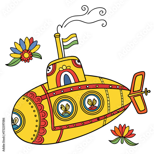 Whimsical yellow submarine with colorful floral decorations and a flag on top